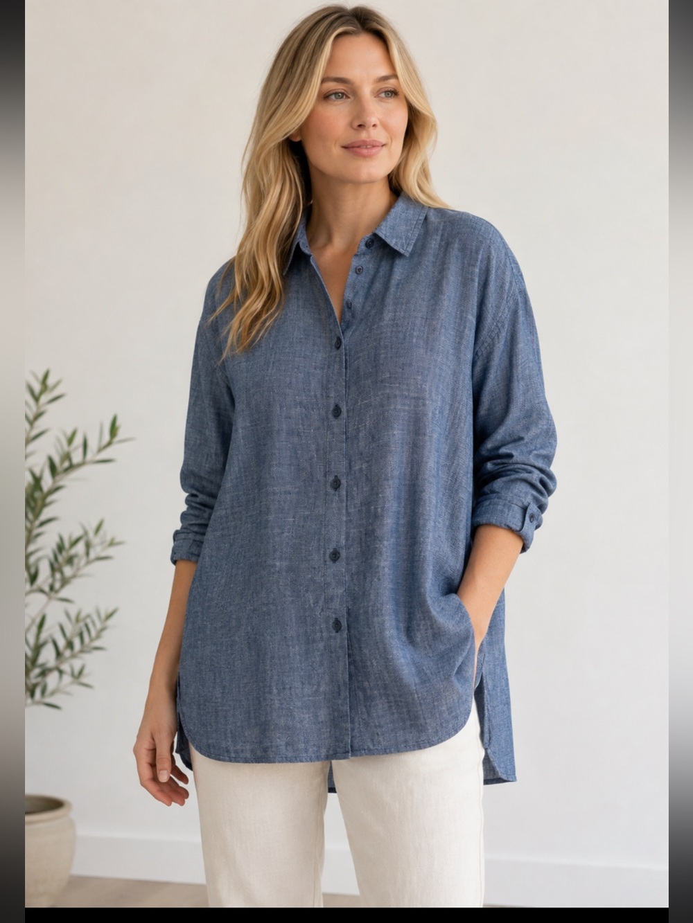 Eileen Fisher Hemp Organic Cotton Chambray Button-Down Shirt LG